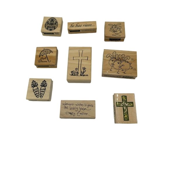 Lot of 9 wooden rubber stamps‎ Easter Rabbit Cross Chicken Egg Phrases - Picture 3 of 5